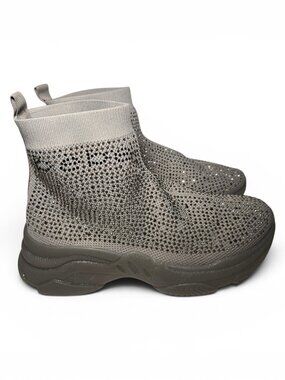 Bebe Rhinestone Sock Boots Gray Knit Platform Sneaker Boots Sparkly Fashion Sz 9